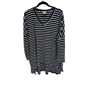 Umgee Women's Striped Long Sleeve V Neck Patch Pocket Nautical Coastal Shirt S